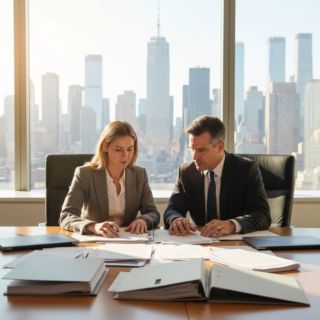 Two professionals reviewing documents at a conference table with city skyline behind them