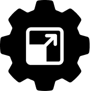 Purple gear icon with a white square and an arrow pointing up and right.