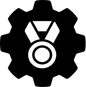 Purple gear icon with a white medal inside.