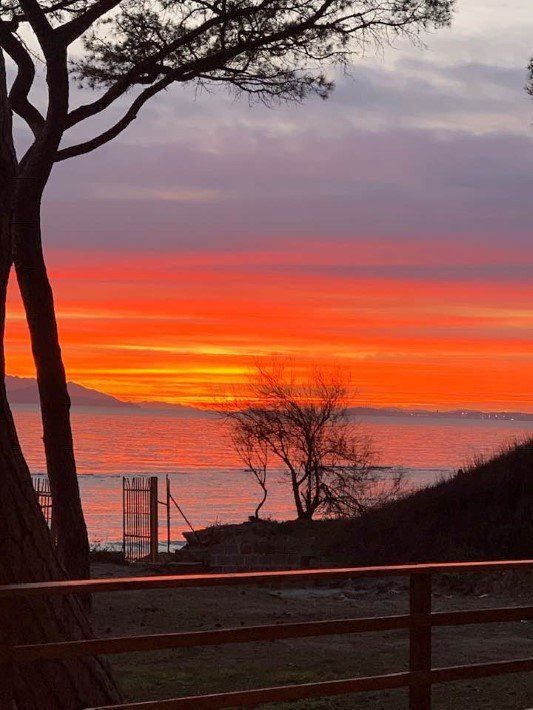 Tramonto infuocato sulle acque calme, ammirato da una ringhiera di legno; 