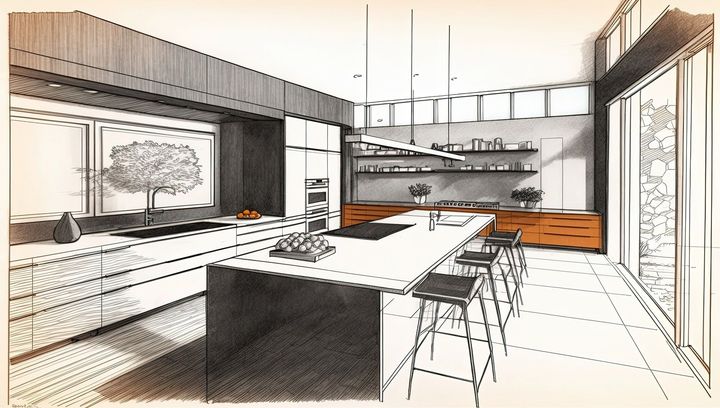 A black and white drawing of a kitchen with a large island and stools.