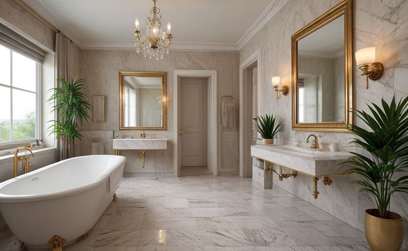 A bathroom with a bathtub , sinks , mirrors and a chandelier.