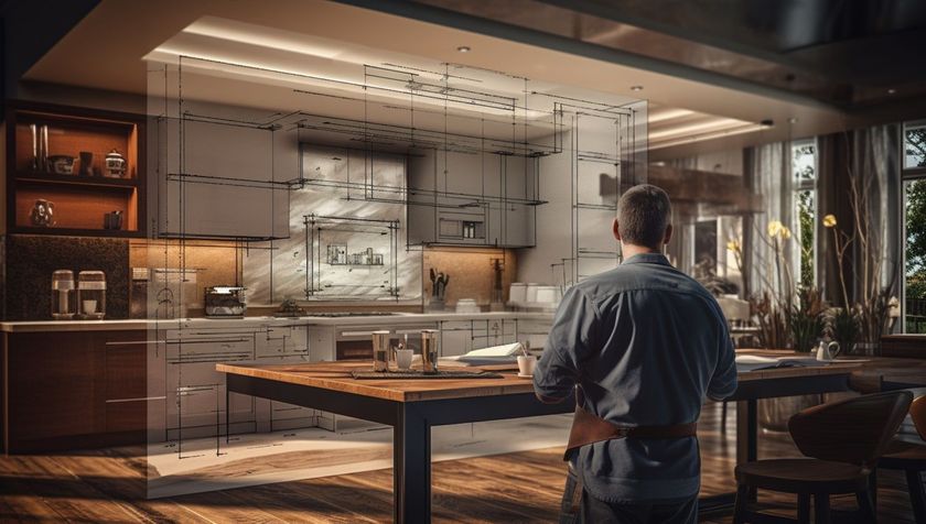 A man is standing in a kitchen looking at a table.