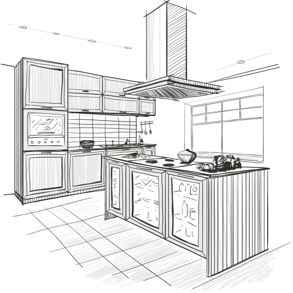 A black and white drawing of a kitchen with a large island in the middle.