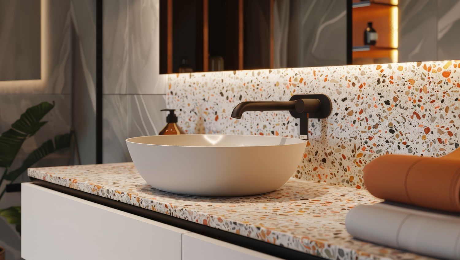 Bathroom sink with white bowl, dark faucet, and terrazzo countertop. Orange accent wall and folded towels.