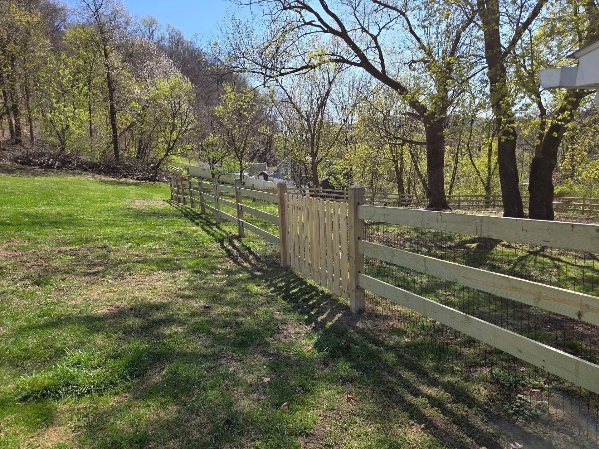 A wooden fence surrounds a grassy field with trees in the background.