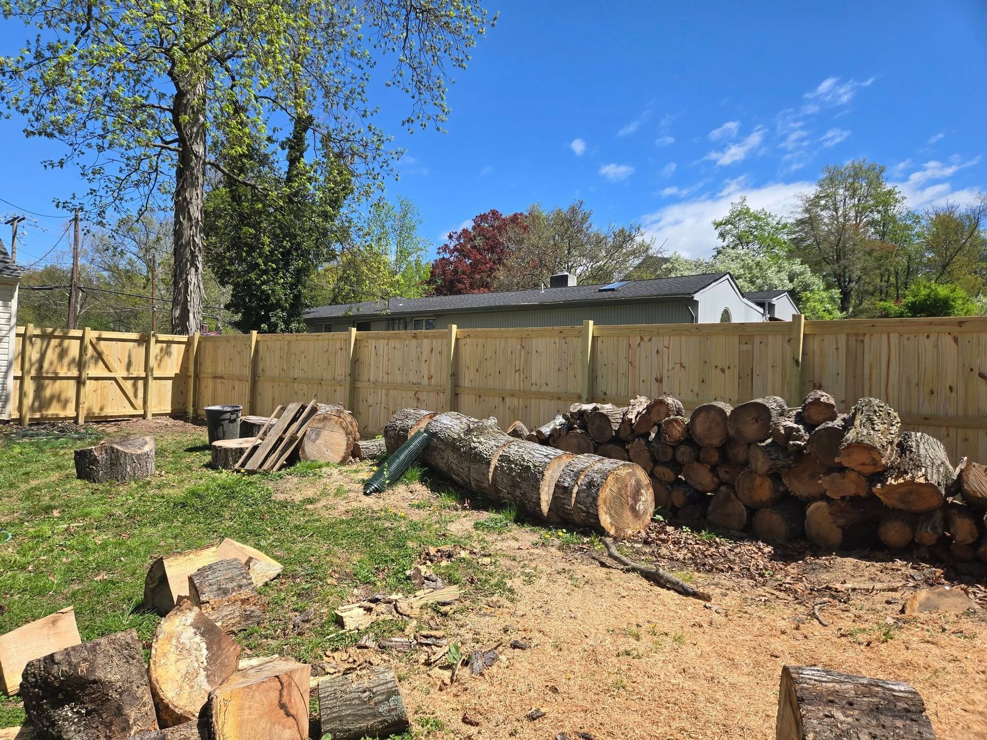 A pile of logs in a backyard next to a wooden fence.