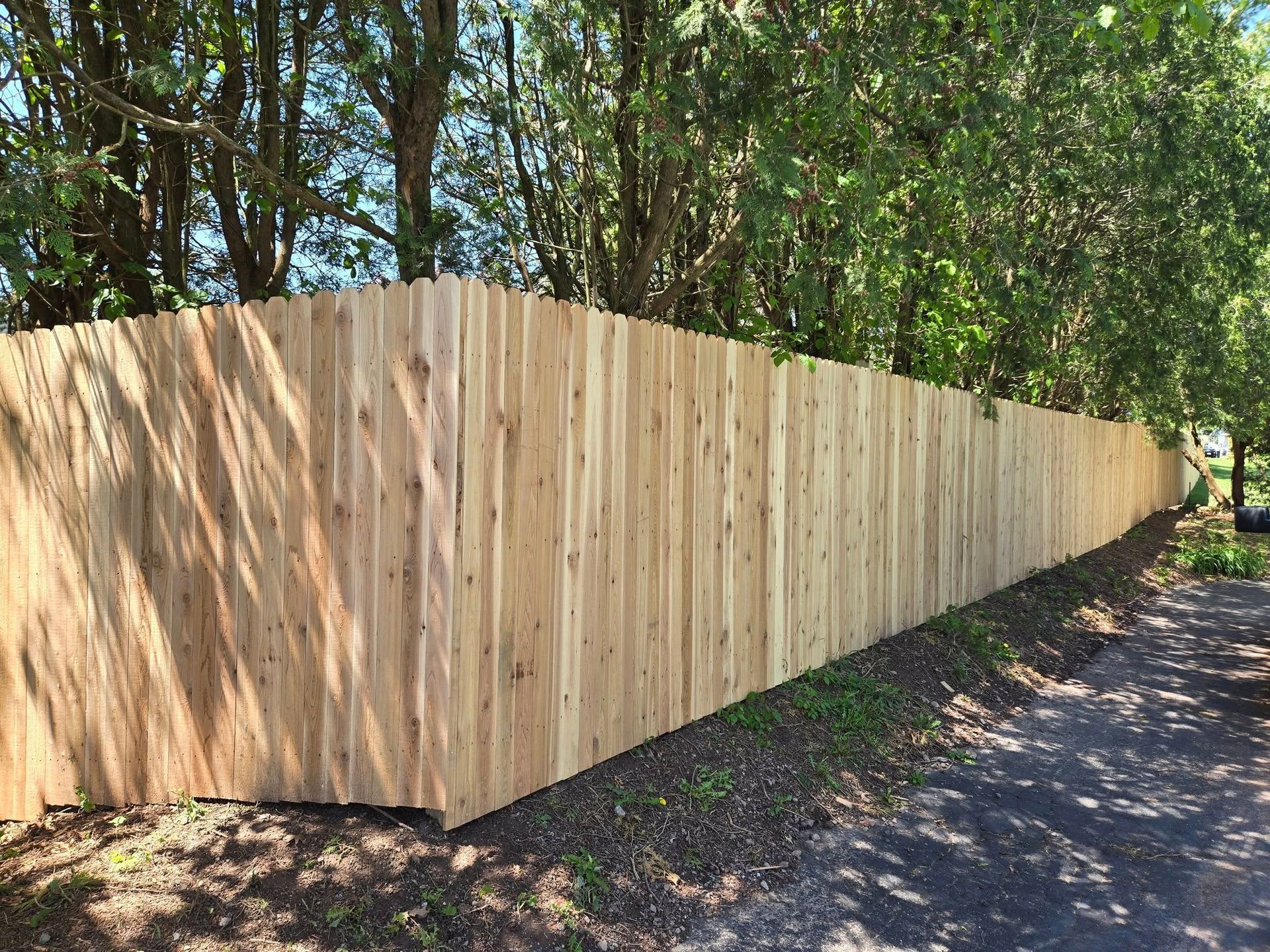 A long wooden fence is surrounded by trees on the side of a dirt road.