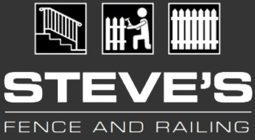 The logo for steve 's fence and railing shows a man standing next to a fence.