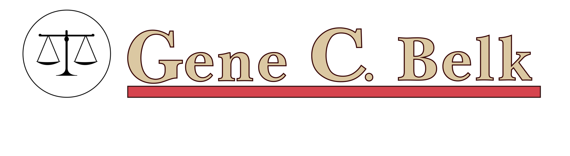 Logo of Gene C. Belk. Scales of justice in a circle. Beige text is underlined by a red bar.
