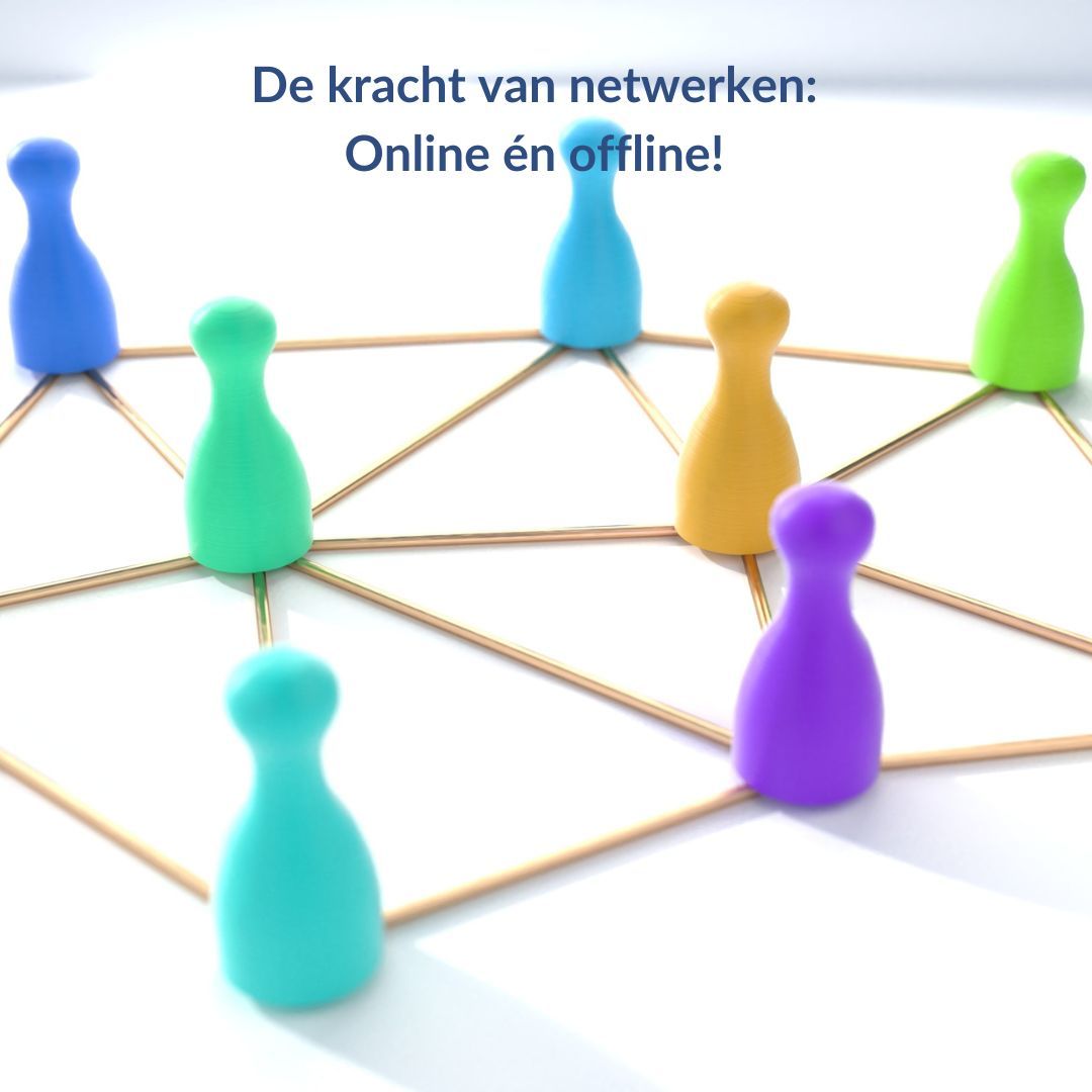 Kleurrijke spelstukken verbonden door lijnen, die online en offline netwerken vertegenwoordigen. Tekst: 