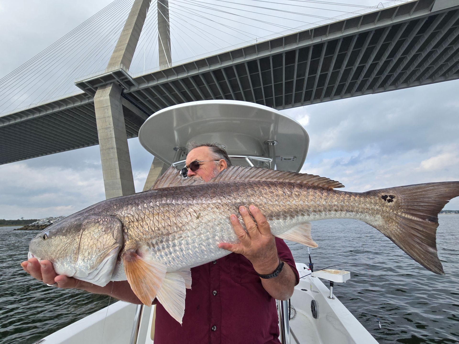 A man is holding a large fish on a boat under a bridge.