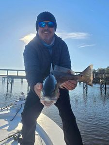 A man is standing on a boat holding a large fish.