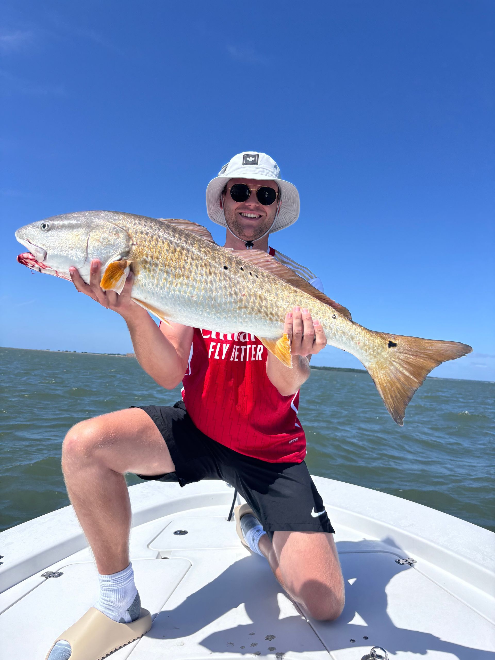 A man is kneeling on a boat holding a large fish.