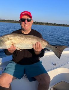 A man is sitting on a boat holding a large fish.