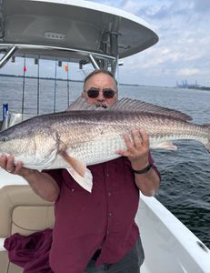 A man is holding a large fish on a boat.