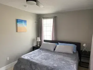 A bedroom with a bed , nightstand , lamp and ceiling fan.