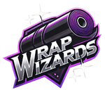 Logo with the text "WRAP WIZARDS" in silver, set against a black vinyl roll icon with purple highlights and star accents.