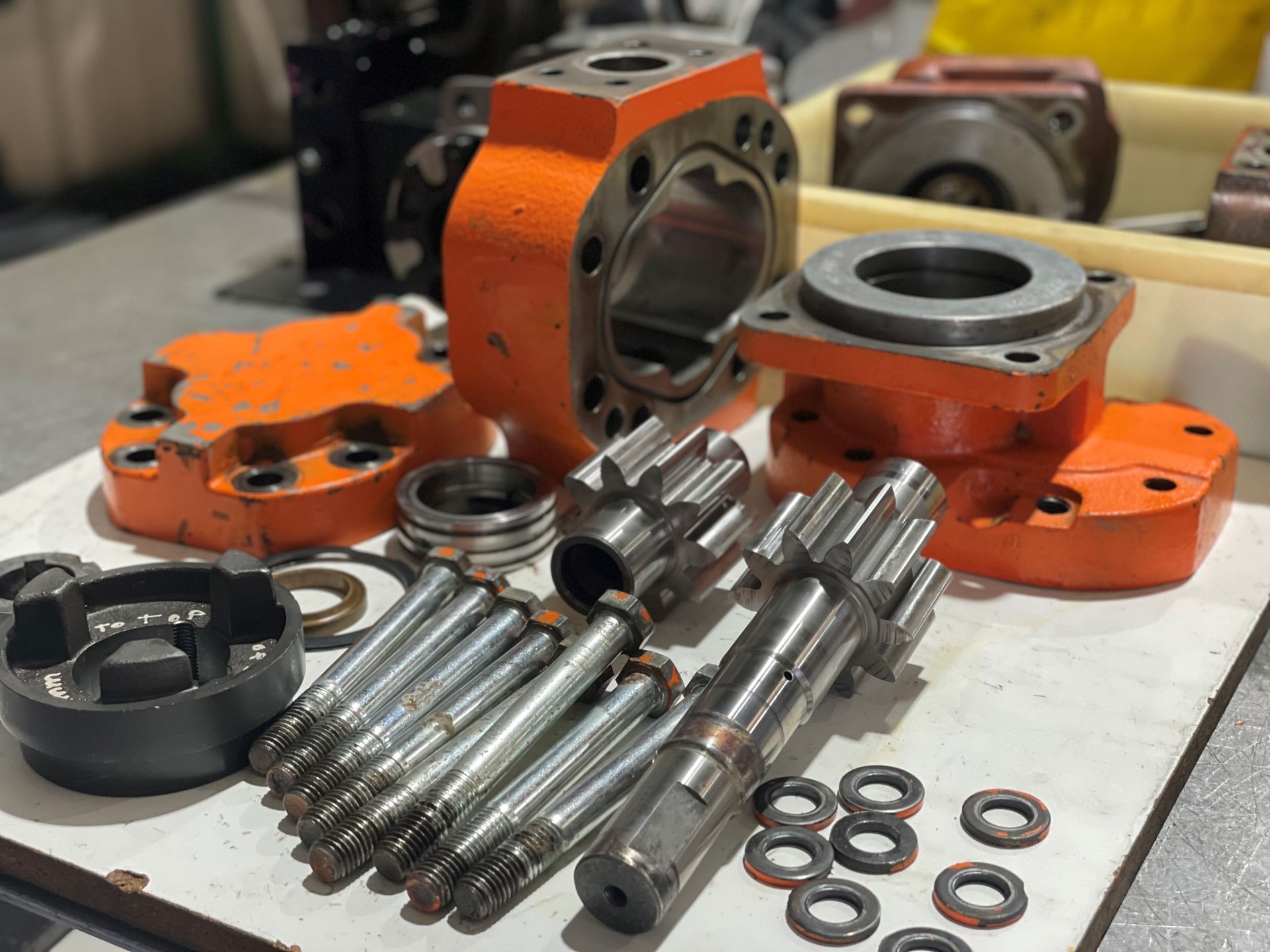 A gear and pump sitting on a table.