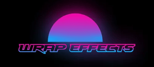 Neon pink-and-blue sun with glowing “WRAP EFFECTS” text on a black background