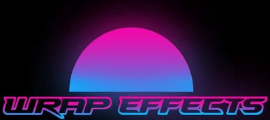 Neon pink and blue “Wrap Effects” logo with a glowing sunset arc on a black background