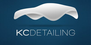 KC Detailing logo with white car silhouette on a blue background