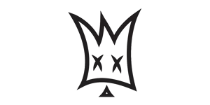 Black minimalist crown logo with X-shaped eyes and a small triangle mouth on white background