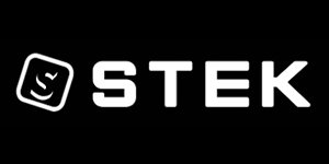 White STEK logo with a small icon on a black background.