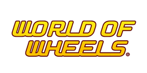 World of Wheels logo in yellow-orange italic text with red outline on white background