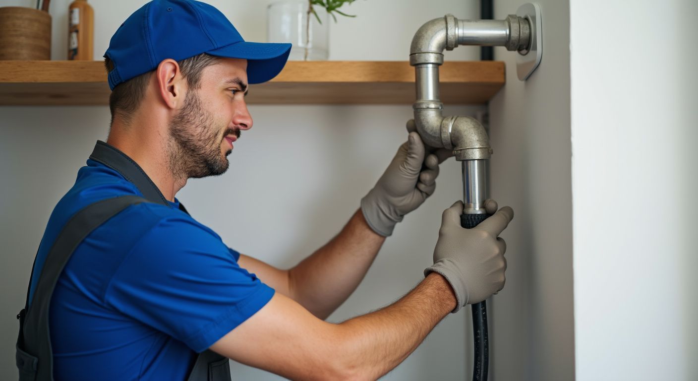A person is working on a pipe with a wrench.