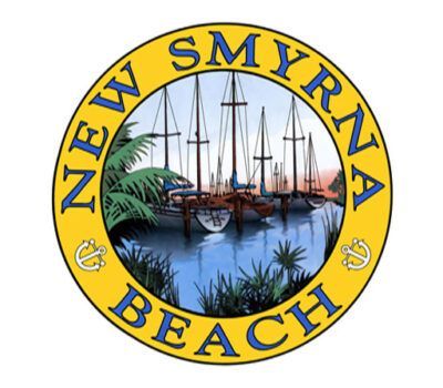 A logo for new smyrna beach with boats in the water
