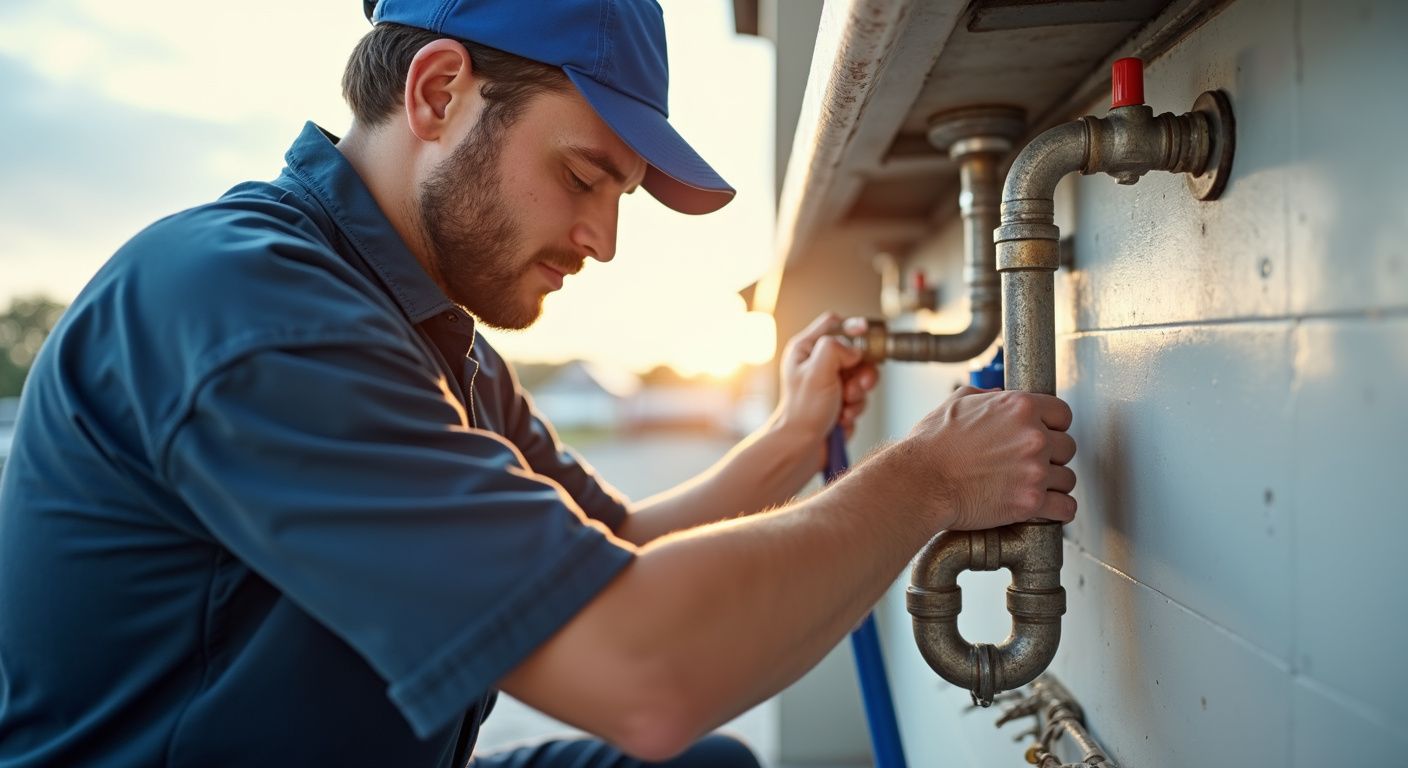 A person is working on a pipe with a wrench.