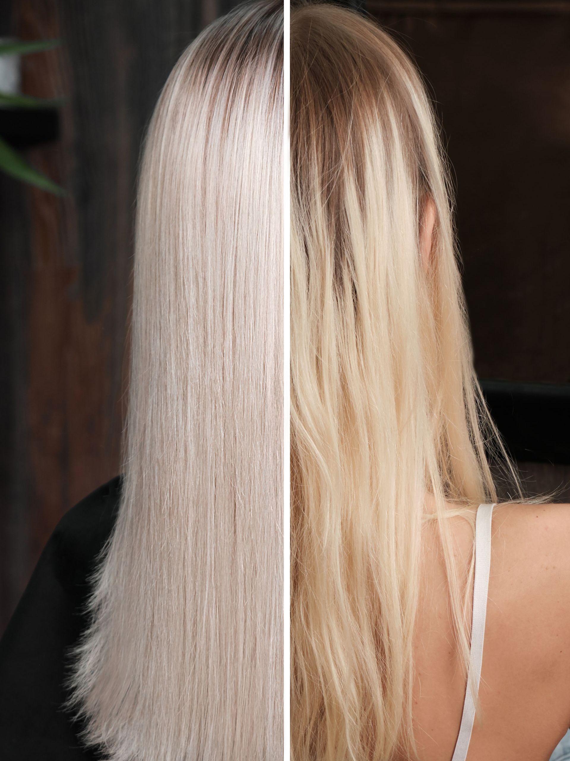 a before and after photo of a woman 's blonde hair