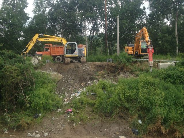 Two Excavator Demolishing Bridge Foundation — Cranesville, PA — Brandon C. Kennedy Construction & Excavating