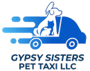 A blue logo for Gypsy Sisters Pet Taxi LLC featuring a van carrying a dog, cat, rabbit, and bird.