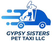 A blue logo for Gypsy Sisters Pet Taxi LLC featuring a van carrying a dog, cat, rabbit, and bird.