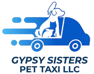 A blue logo for Gypsy Sisters Pet Taxi LLC featuring a van carrying a dog, cat, rabbit, and bird.