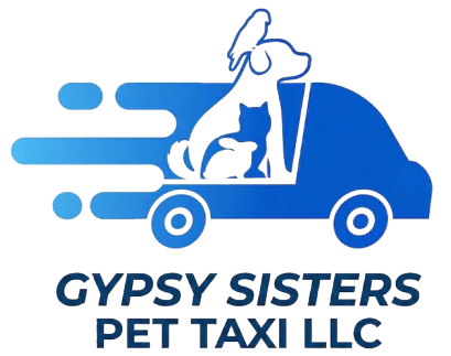 A blue logo for Gypsy Sisters Pet Taxi LLC featuring a van carrying a dog, cat, rabbit, and bird.
