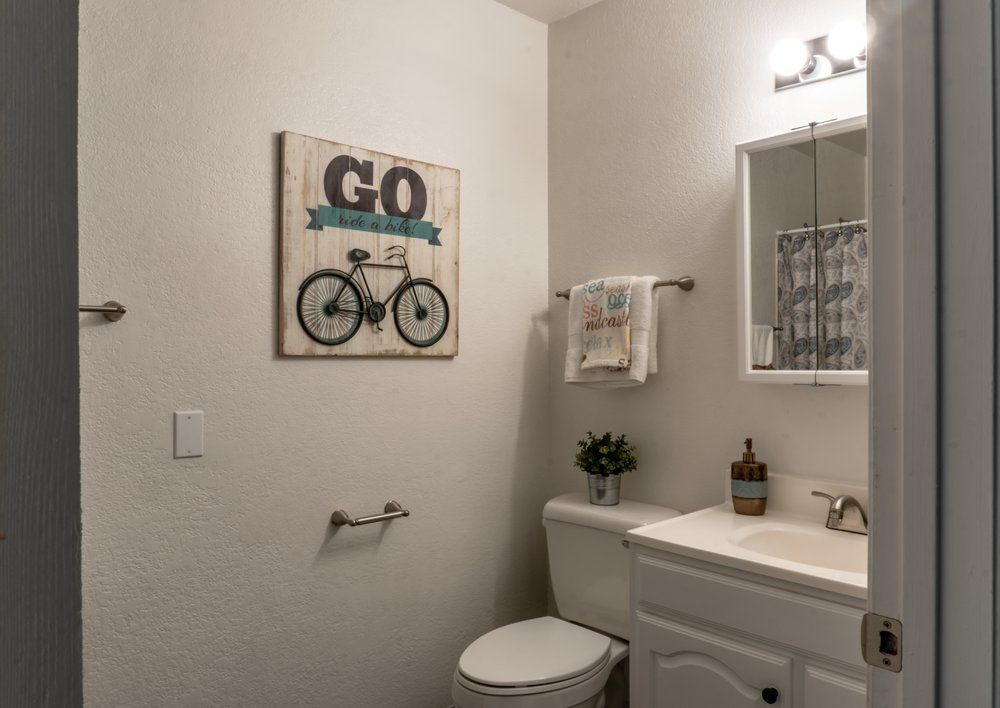 A bathroom with a toilet , sink , mirror and a picture of a bicycle on the wall.