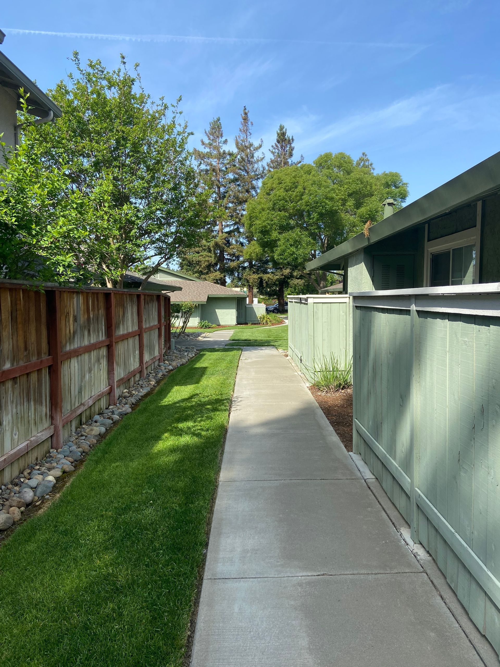 A sidewalk leading to a house with a wooden fence