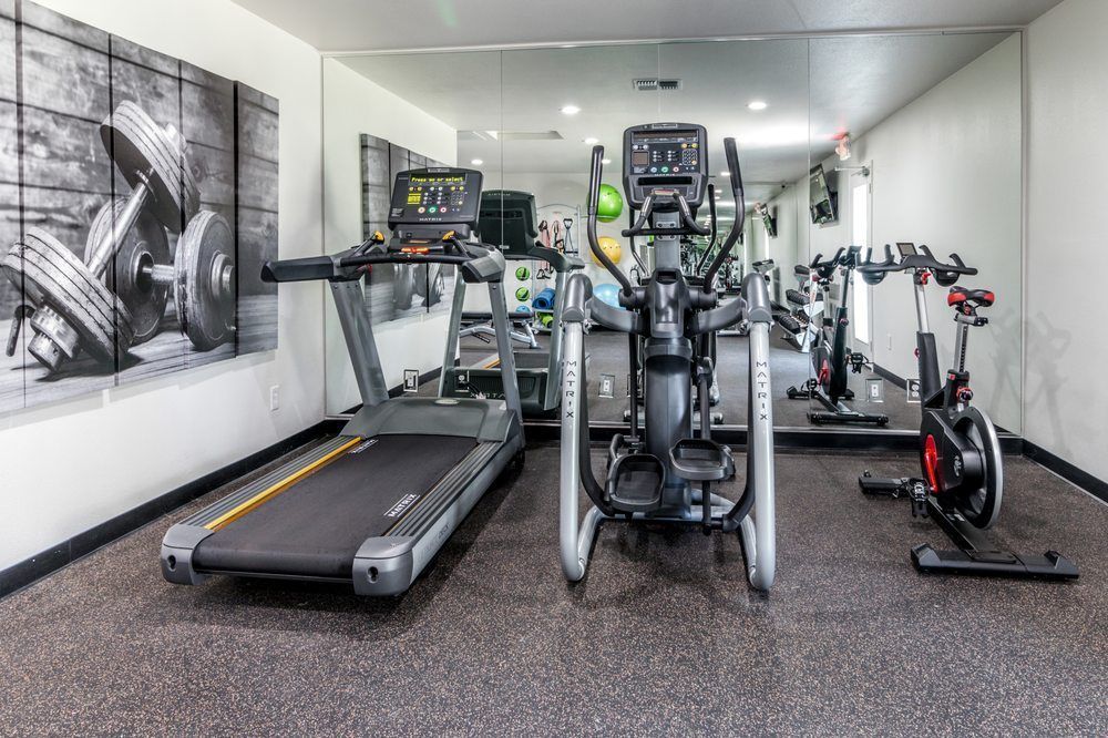 A gym with treadmills , ellipticals , and a bicycle.