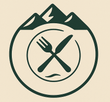 Logo vert foncé : montagnes au-dessus d'une assiette avec fourchette et couteau croisés.