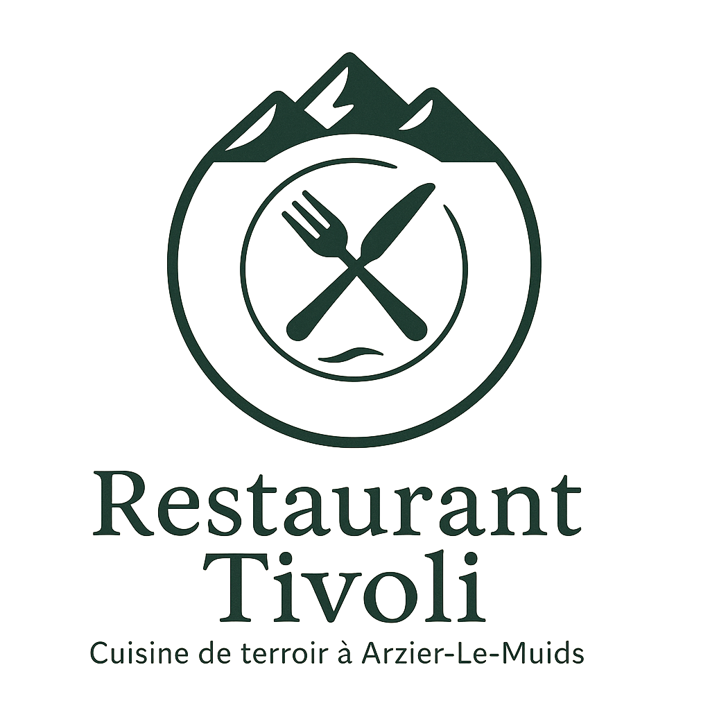 Logo du restaurant Tivoli : sommets de montagnes vertes au-dessus d'une assiette avec fourchette/couteau, nom du restaurant en dessous.