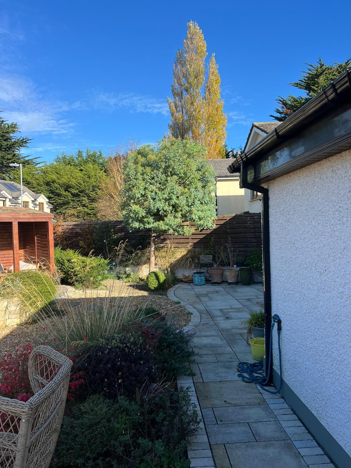 Backyard with a stone patio, flowerbeds, and a tall tree under a blue sky.