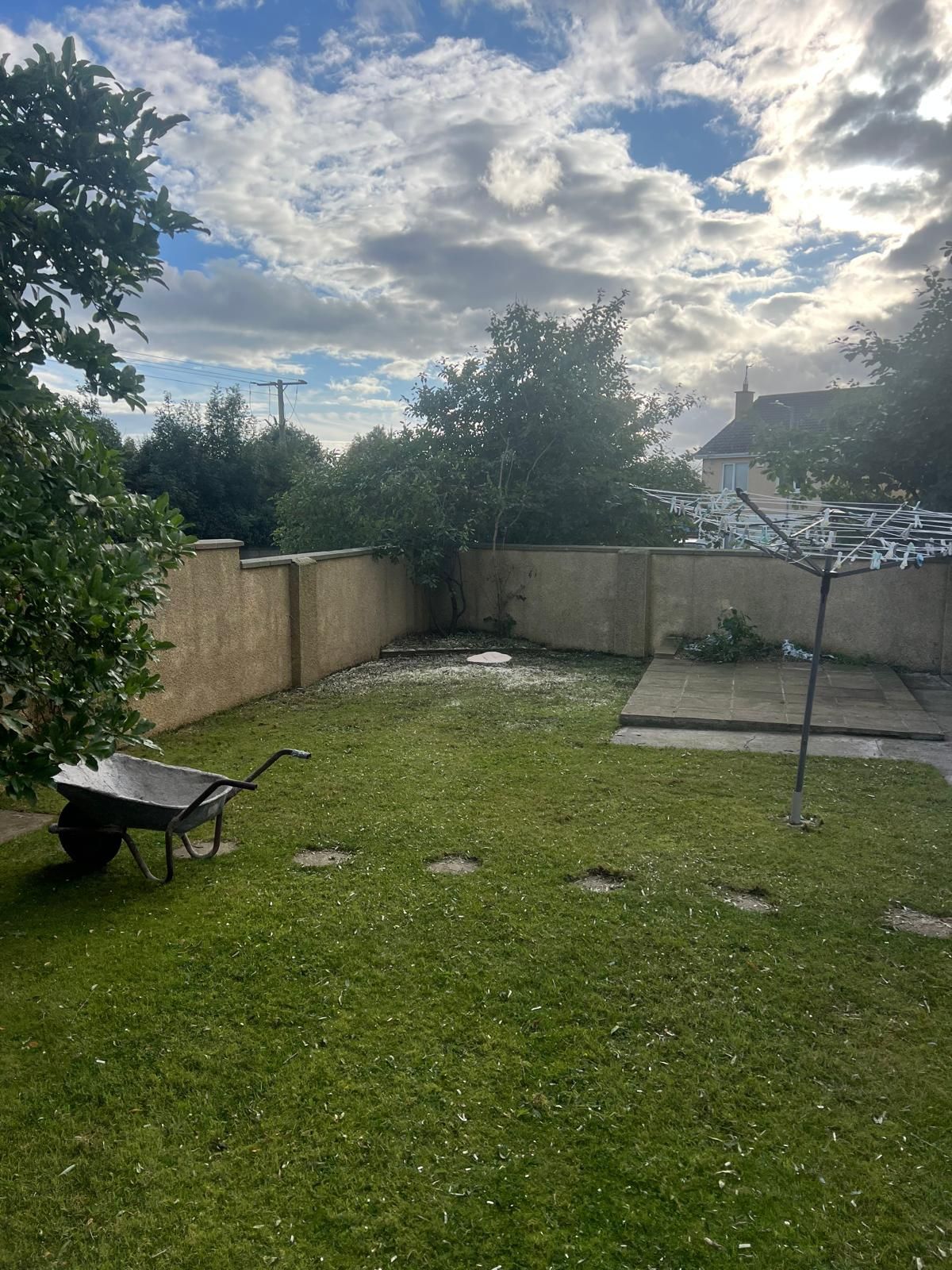 Backyard with green grass, stone path, tan walls, wheelbarrow, clothesline under cloudy sky.