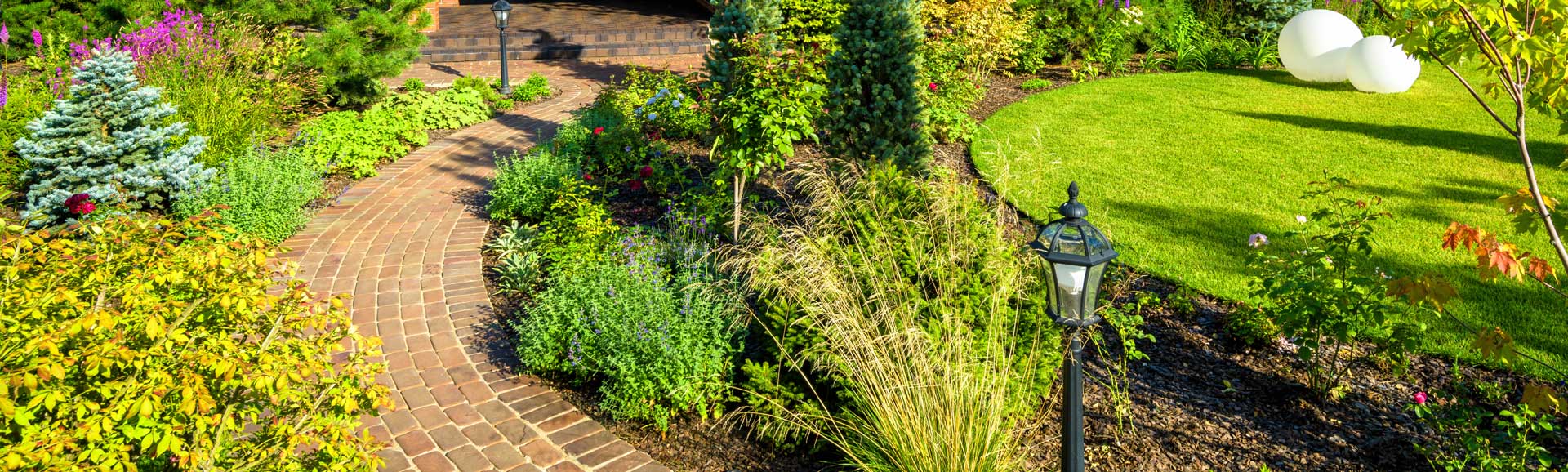Brick pathway winds through lush green and yellow garden.