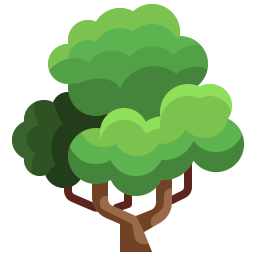 Green cartoon tree with brown trunk and branches.