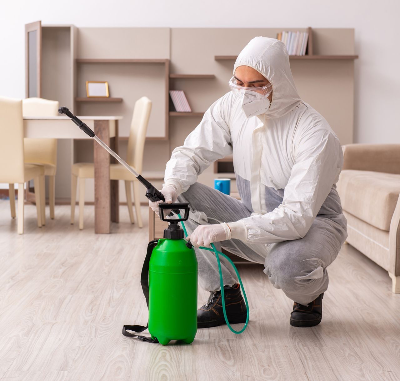 A man in a protective suit is spraying a green bottle in a living room.