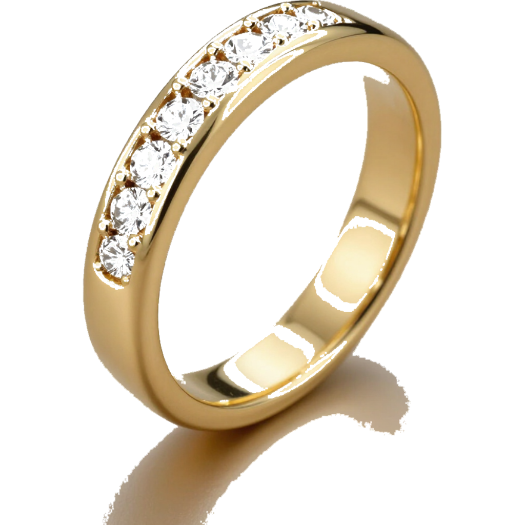 A gold band ring featuring a row of channel-set round diamonds, angled against a plain background.