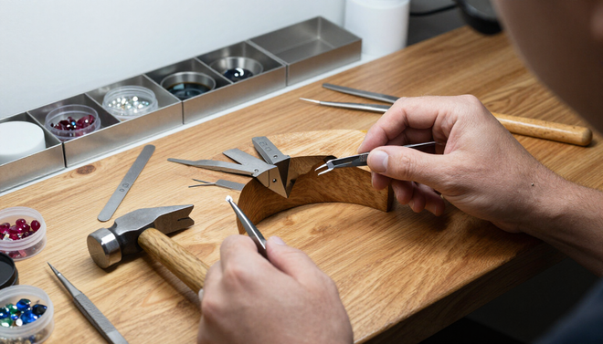 A jeweler works on a ring at a wooden workbench with tools, tweezers, and small containers of gemstones nearby.
